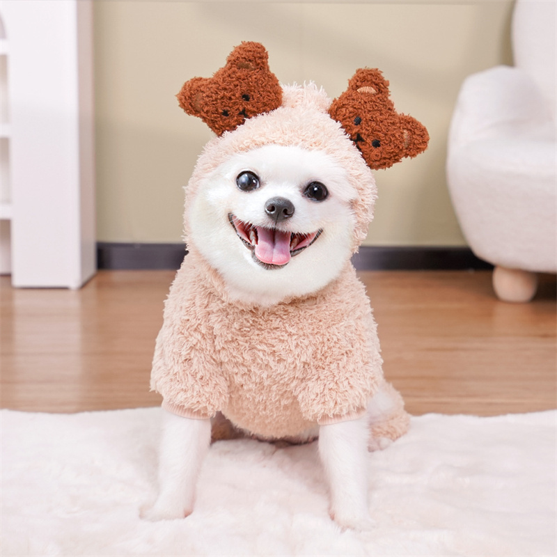 Winter Pet Apparel PlushThickened Warm Dog Jumpsuit Cute Bear Ear Four Legged Cats and Dogs Coat Coral Velvet Hoodie