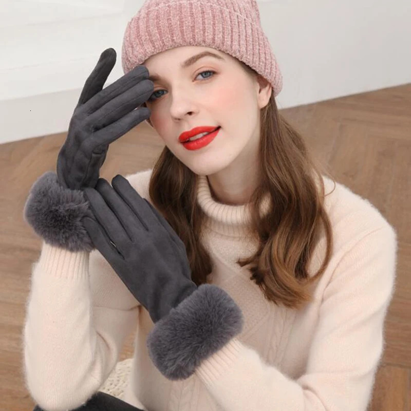 Fashion womens winter warm suede leather touch screen gloves artificial rabies fur embroidered with velvet thick driving H92 241212