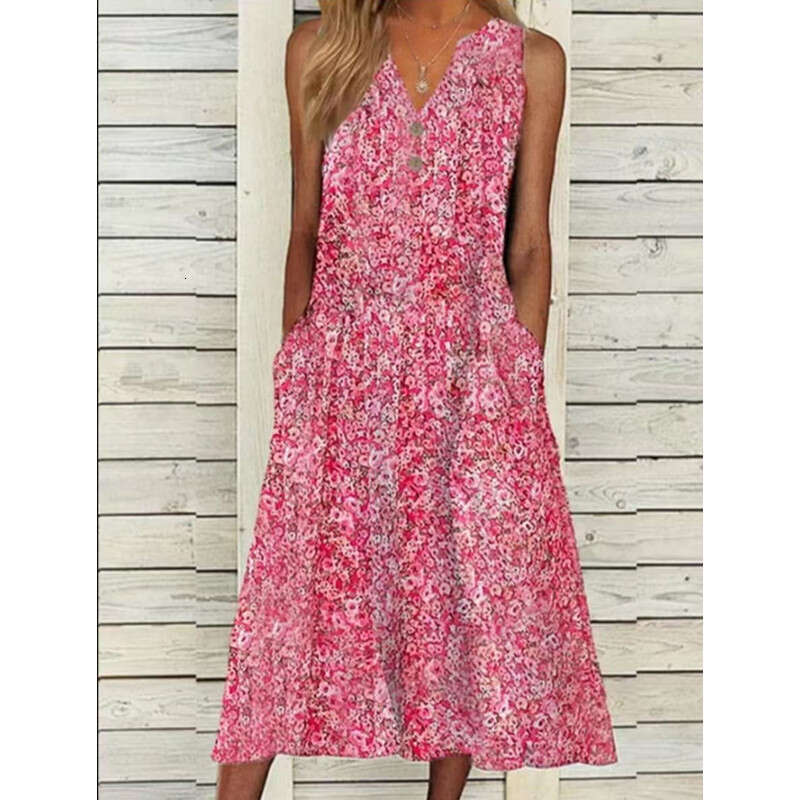 European and American summer digital print V-neck ral long loose sleeveless women's dress 2024 new casual versatile fashion clothing