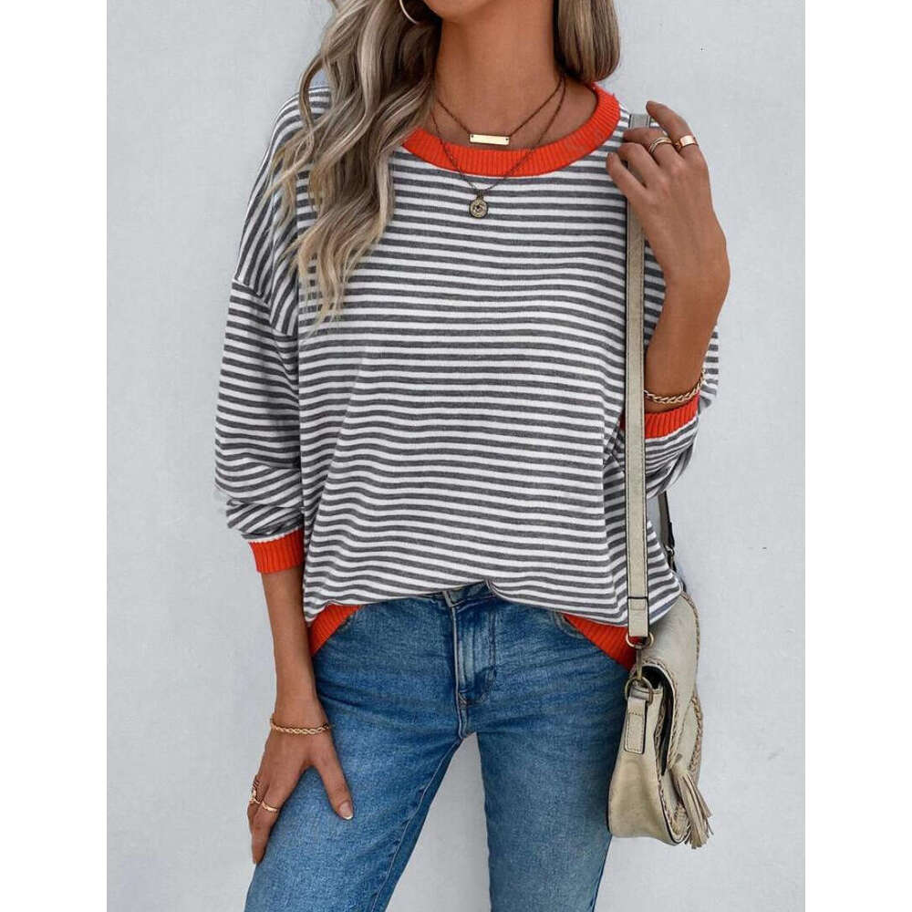 European And American Autumn Clothing, Striped Round Neck Contrasting Color, Shoulder Down Long Sleeved Knitted Sweater, Women's Fashion Quality 