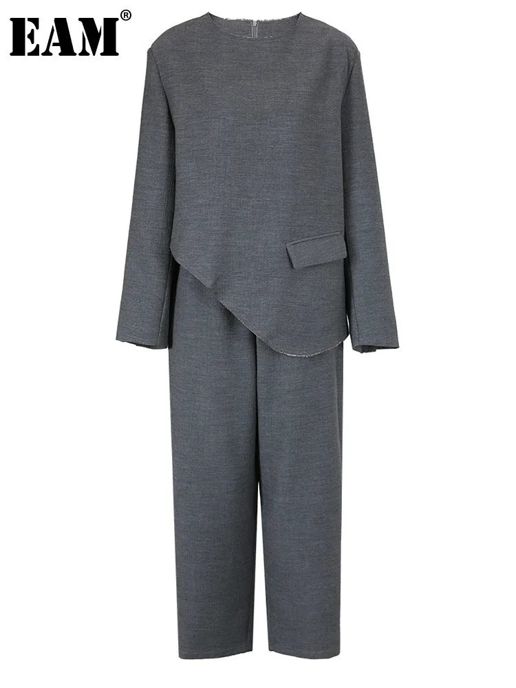 EAM Two Piece Suit Big Size Tshirt Wide Leg Pants Round Neck Long Sleeve Women Fashion Spring Autumn 25X098 241121