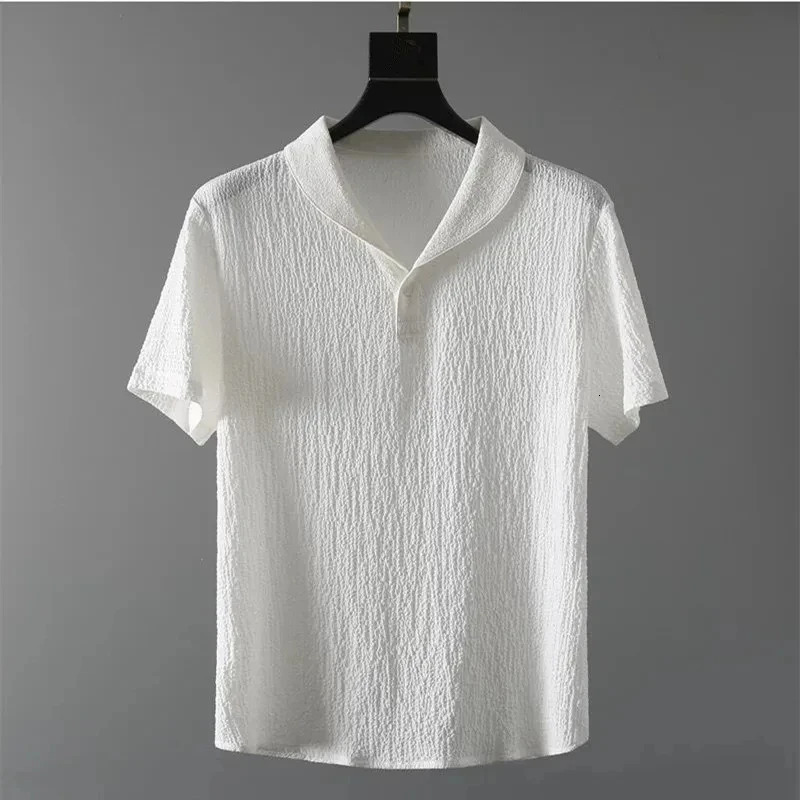 Mens casual solid color brushed shirt set summer fashion striped loose collar high elasticity business 241211