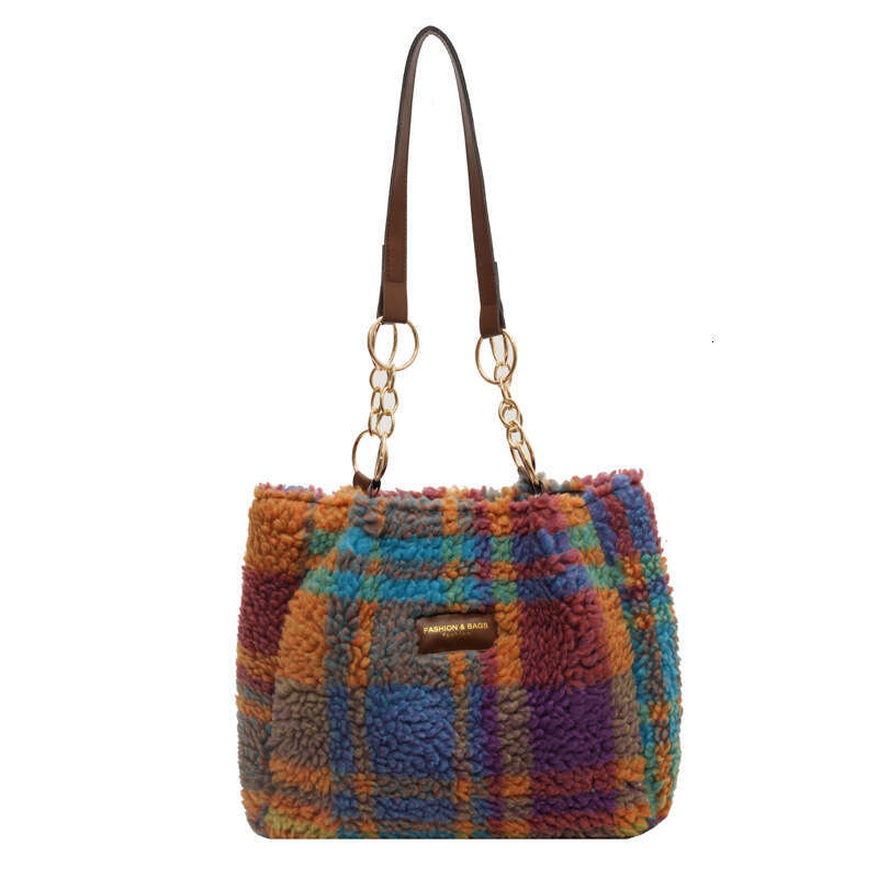 Plush Women's Autumn And Winter New Item, Lamb Wool Hand-Held Tote Fashionable Plaid Shoulder Bag, Large Capacity Armpit Bag