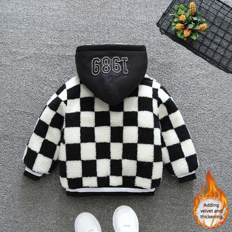 2024 Winter Boys Casual Checkered Hoodie with Zipper Pocket Printed Coat Childrens Coat Thickened 1-5 Years OldXJ241214