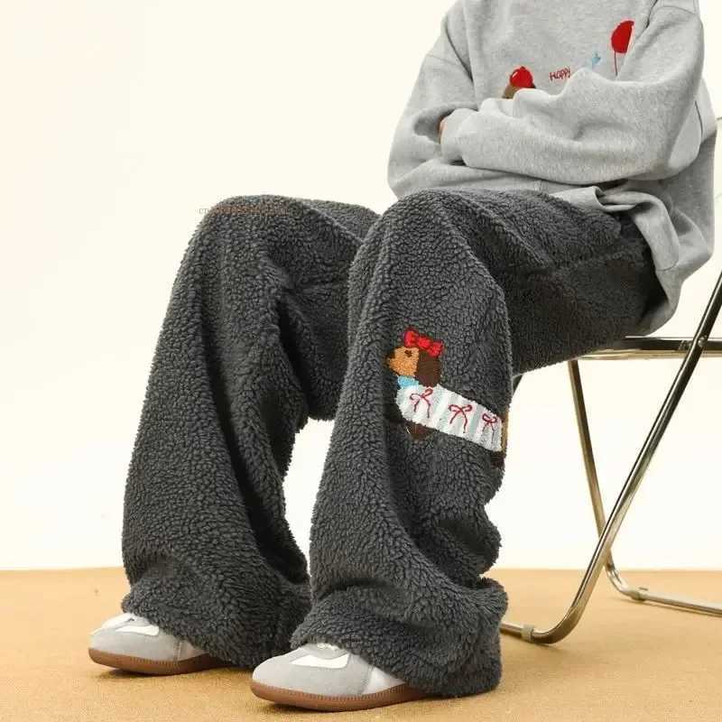 Winter Lambswool Sweatpants Men Women Cartoon Embroidered Padded Thicken Warm Casual Trousers Male Unisex Couple Straight Pants X241216