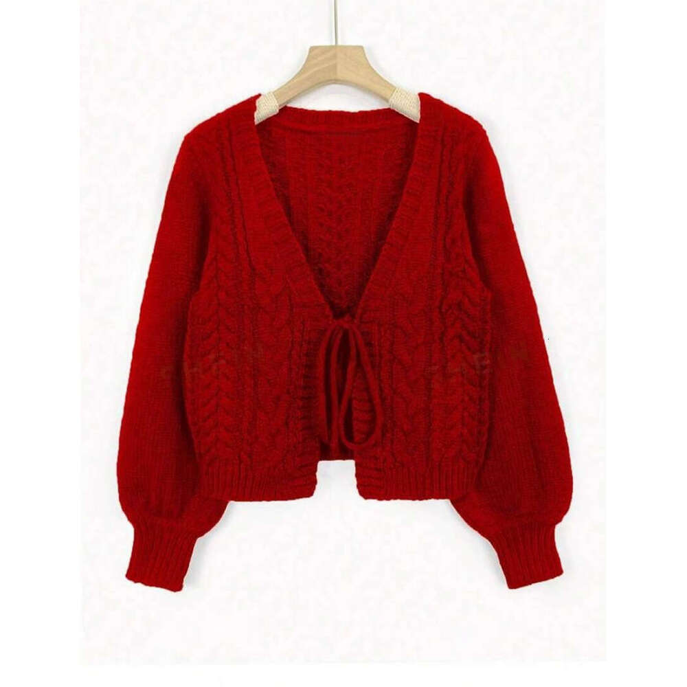 Europe And America V-Neck New Style Lace Knit Cardigan Solid Color Retro Fried Dough Twists Clothes Autumn Women's Long Sleeved Coat