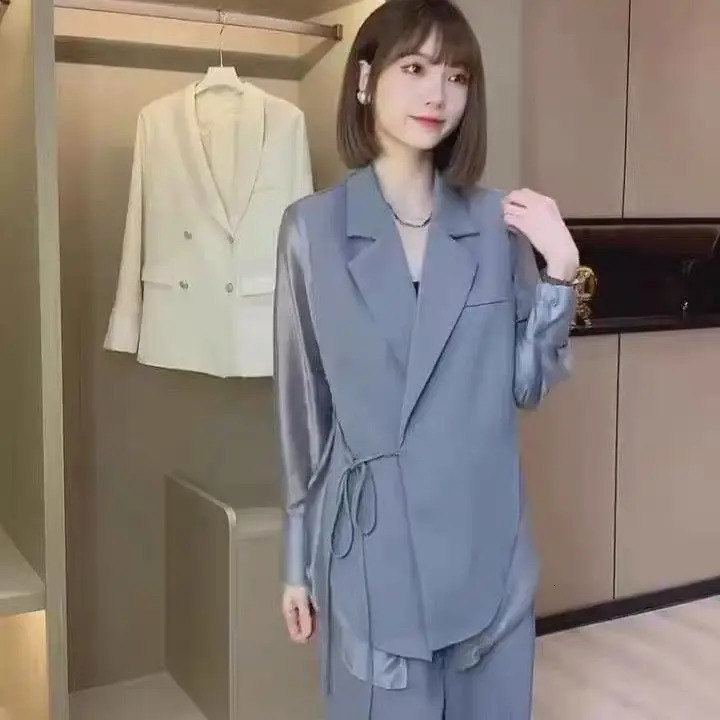 Summer Hollow Sunscreen Chiffon Shirt Jacket Wide Leg Pants Two Piece Set Elegant Womens Office 241212