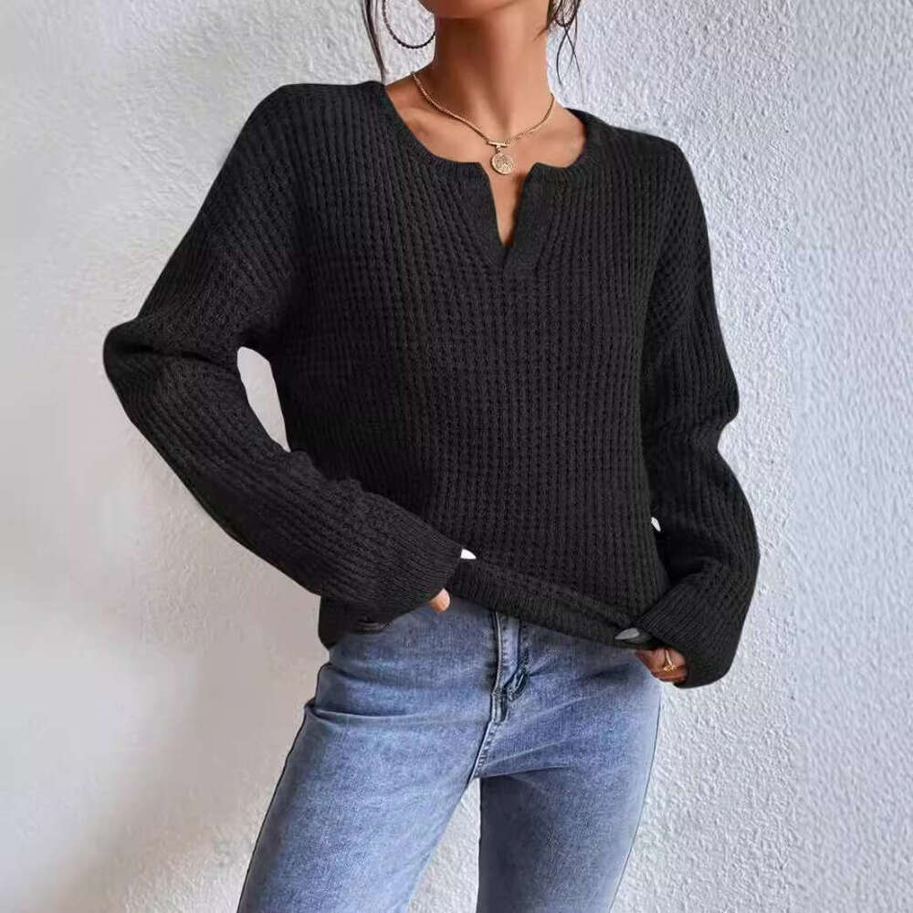 European American Solid Color Long Sleeved Clothes For Autumn Women, Comfortable And Casual V-Neck Pullover