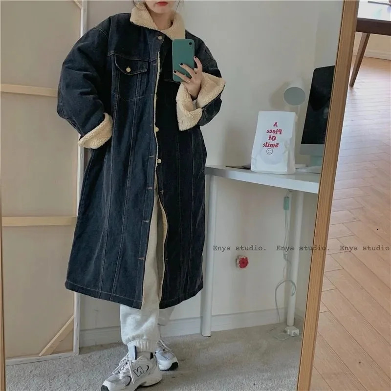 Winter cashmere denim coat womens medium to long Korean version loose and fashionable commuting show thin thick warm cotton 241211