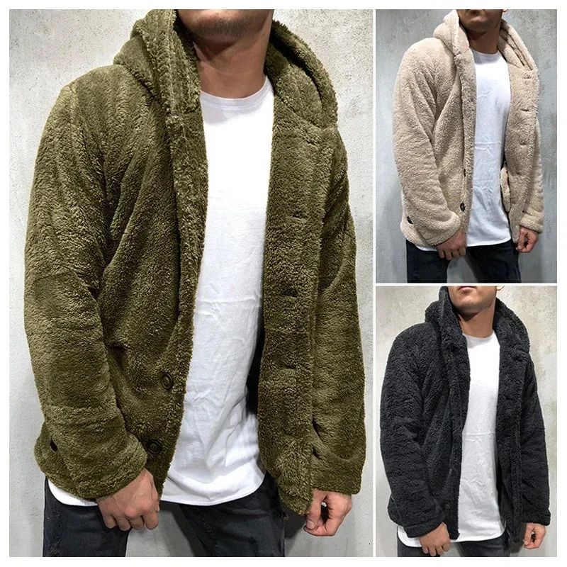 Mens Teddy Bear Wool Coat Winter Warm Hooded Coat Fashion Solid Color Long Sleeve Pocket Button Hooded Warm Coat 241214