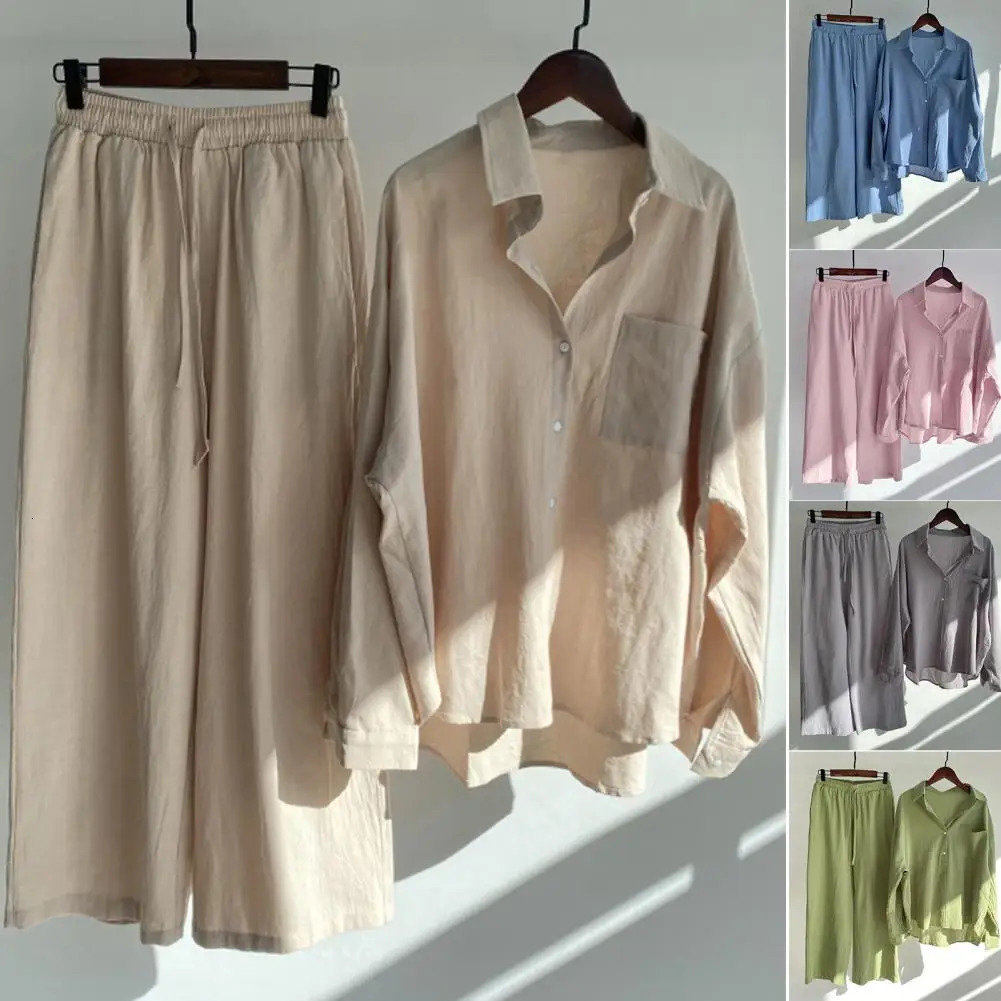 Women Casual Two Piece Sets 2023 Summer Fashion Classic Shirt Solid Color Homewear Drawstring Pants Set Clothing Suit 241212