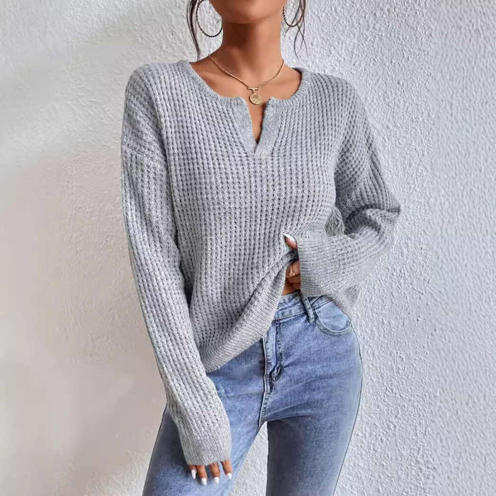 European American Solid Color Long Sleeved Clothes For Autumn Women, Comfortable And Casual V-Neck Pullover