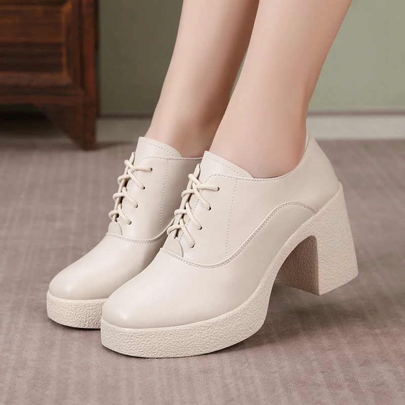 AIYUQI Women High Heels Autumn Genuine Leather Platform Women Business Dress Shoes Lace-up British Style Office Shoes Women