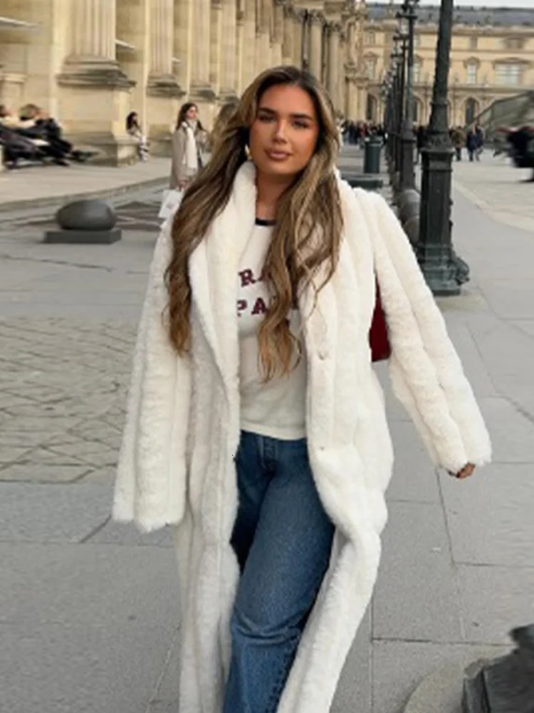 Womens Casual White Collar Faux Fur Coat Womens Elegant Thick Warm Long Sleeve Angry Long Open Fashion Coat 241210