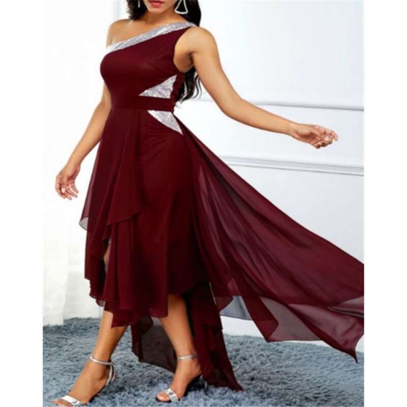 Summer European and American Single Asymmetric Hem Slant Shoulder Dress 2024 New Casual Versatile Fashion Clothing
