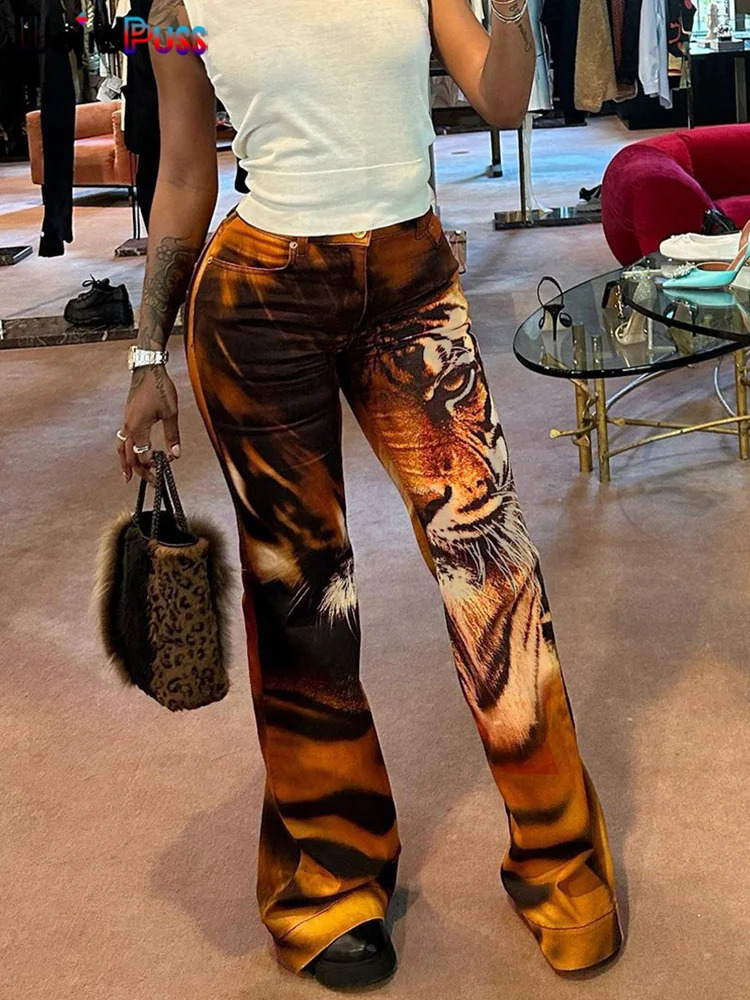 Weird Puss Tiger Print Flare Pant 2023 Y2K Summer Trend Skinny Elastic Wild Casual Streetwear Basic High Waist Trousers 241212