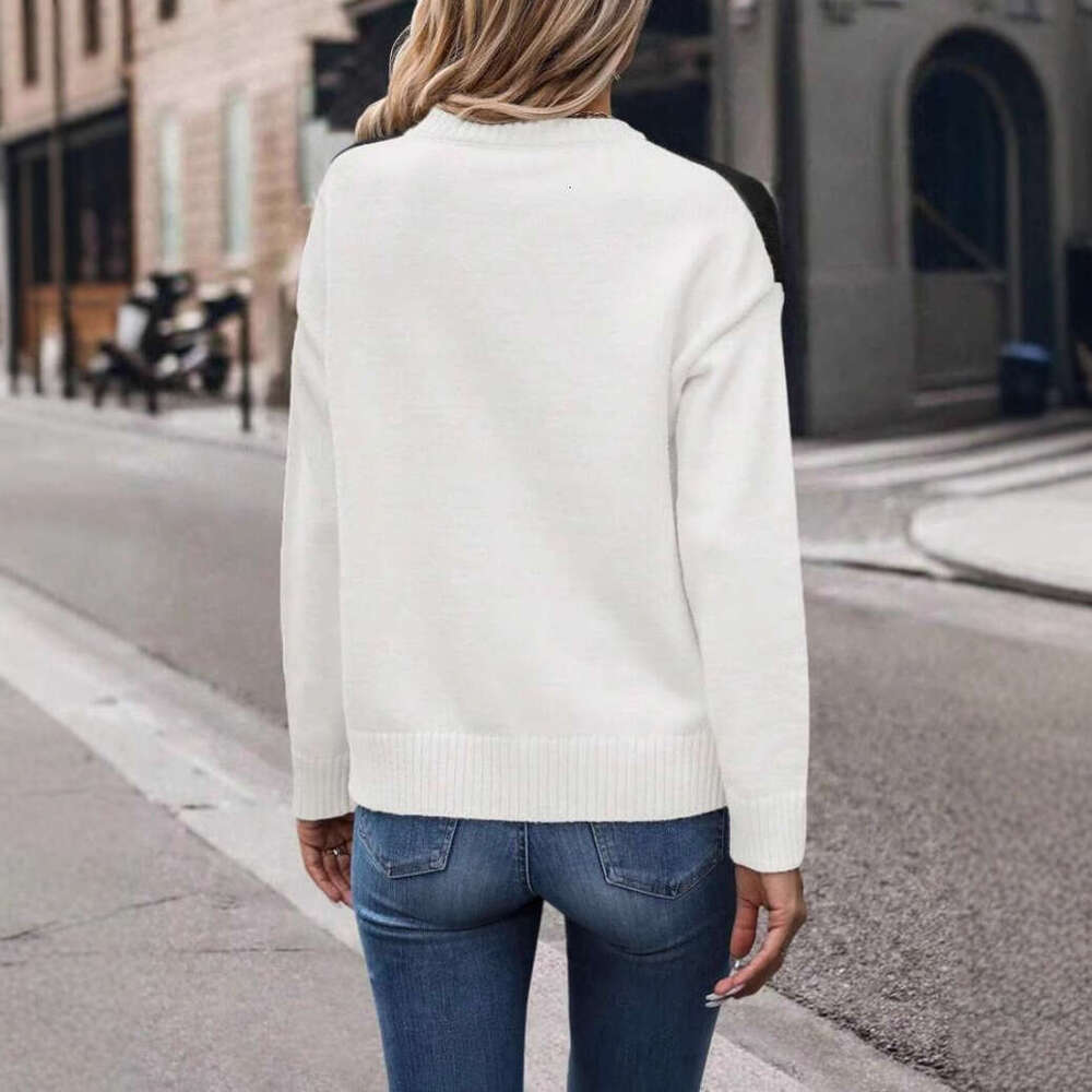Autumn Clothing For Women In European And American Foreign Trade, Color Blocked Knitted Sweaters, Round Neck Pullover Tops, Fashionable Quality, Class