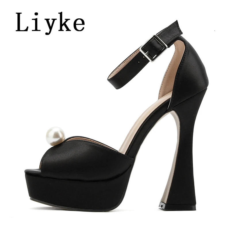 Liyke Sexy 135CM Super High Heels Platform Sandal Summer Fashion White Pearl Peep Toe Wedding Banquet Shoe Zapatos Mujer 241213