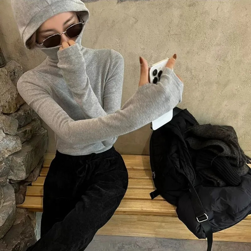Solid long sleeved hooded womens autumn and winter ultrathin slim fit turtle neck zipper top 241211