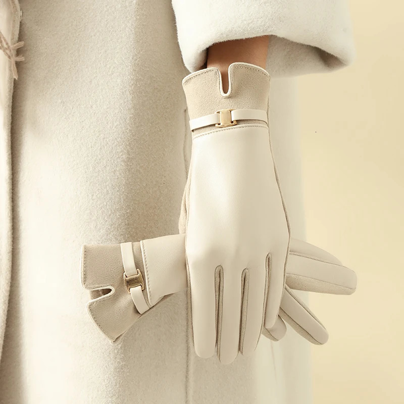 1 pair of winter wool lined womens gloves for heating and touch screen Pu elegant exquisite bicycle driving 241212