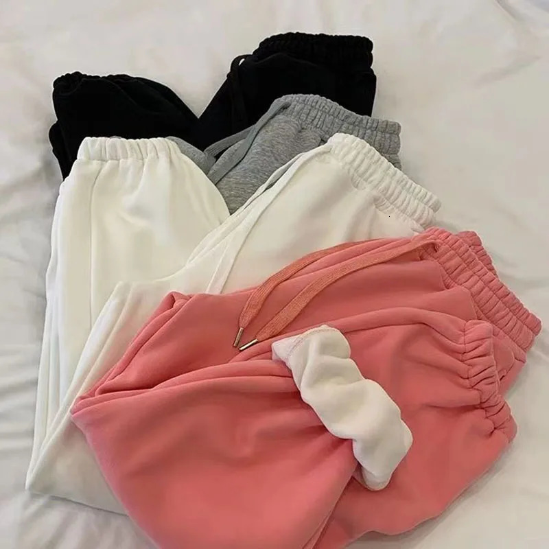 Autumn and winter wool warm sports pants for women solid casual high waisted fully matched drawstring thick harem 241212
