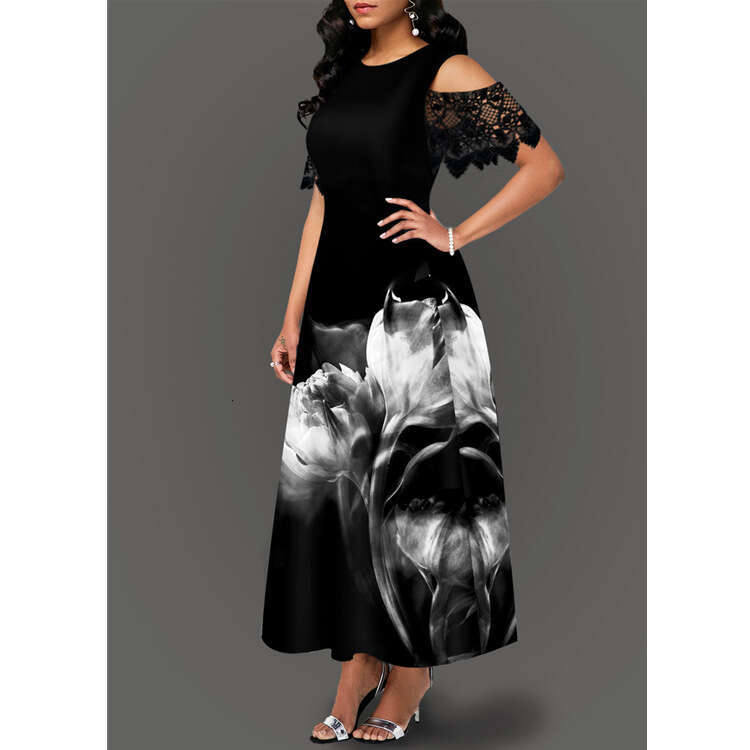 European and American women's print lace sleeve splicing long dress for women 2024 new casual versatile fashion clothing