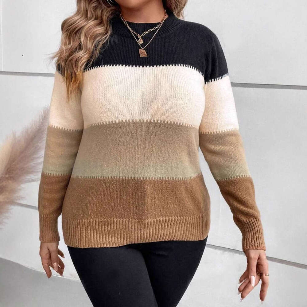 Autumn Clothes Women's Contrasting Color Cross-Border Pullover Round Neck Long Sleeved Knitted Sweater Casual Versatile