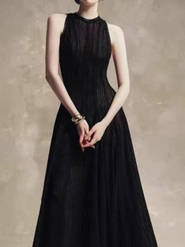Vintage Sleeveless Dress Temperament Chic O Neck Lace Waist Cinching Elegant Women's Dresses 2025 New Spring Summer 23C2956