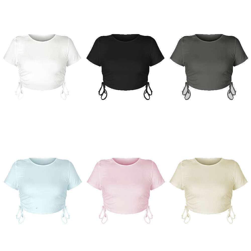 Fashionable Sexy Pit Stripe Exposed Navel Cut Drawstring Strap Round Neck Short Sleeved T-Shirt European And American Women's Top Fashionable Qua