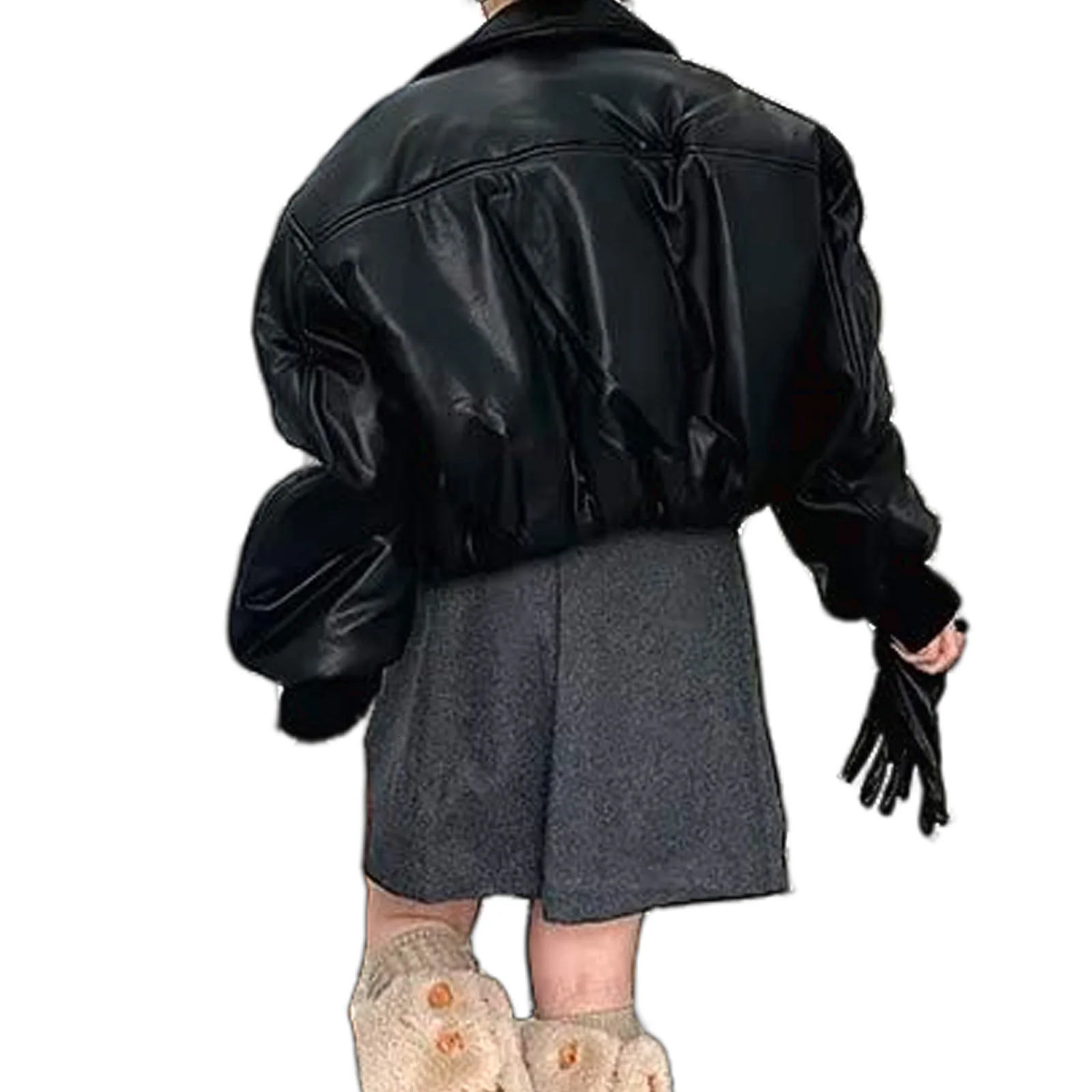 PU Leather Short Flight Jacket for Women Cotton Clothing Minimalist Retro Coffee Color Zipper Long Sleeve Casual 241121