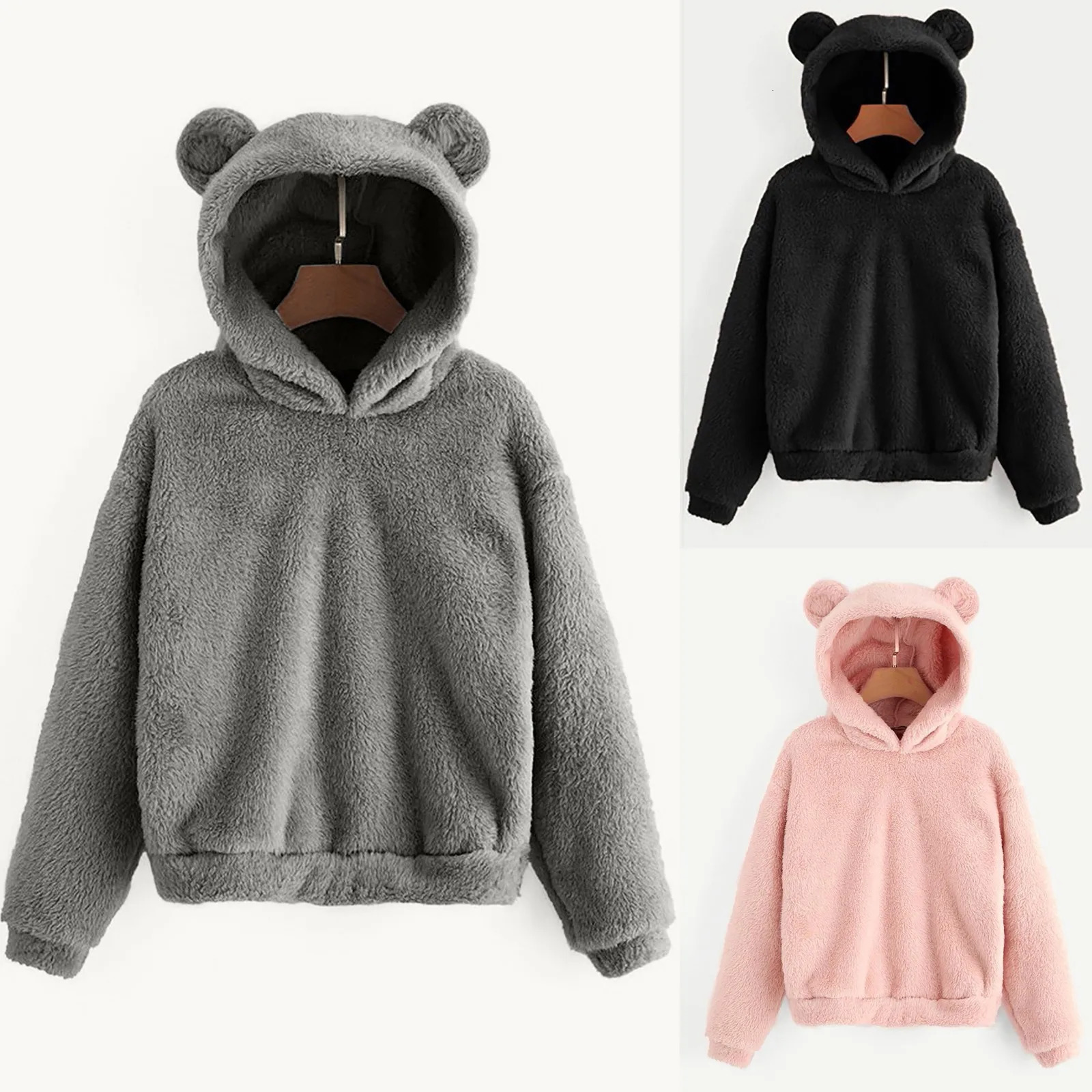 Womens Pullover Long Sleeve Fleece Sweatshirt Warm Bear Shape Fuzzy Hoodie Sweater Pullover 241214