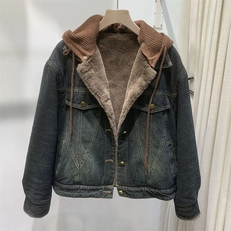 Retro womens winter warm wool lined denim jacket casual streetwear knitted hooded boyfriend style loose fitting coat 241211