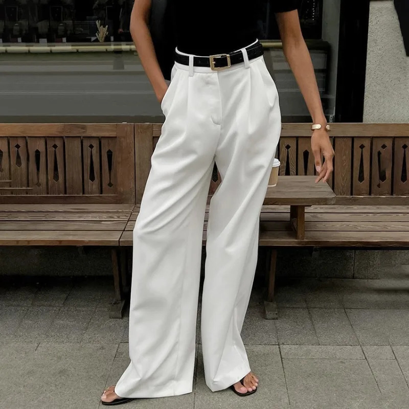 Summer Womens White Fashionable Loose High Waist Trouser Temptation Clothing Simple Casual Set Pants 241212