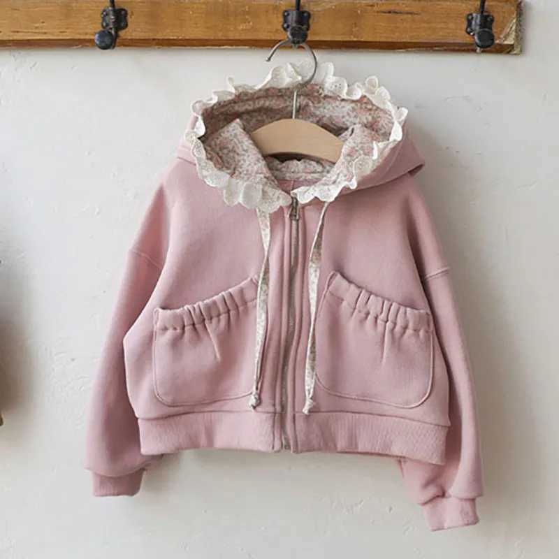 MILANCEL Spring Autumn Childrens Jacket 2-8 Y Girls Cute Hoodie Coat Kids Lace Floral Hooded Outwear Girls Zipper SweatshirtXJ241214
