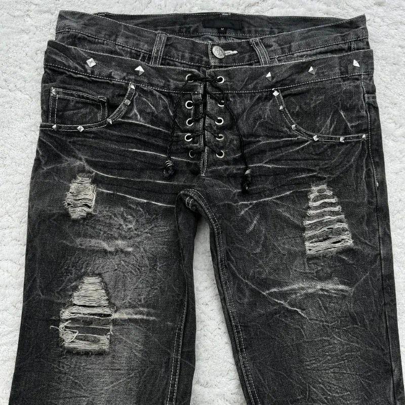 2025 S Fashion Designer Men S Jeans Vintage Gothic Double Waist Hole Washed Micro Flared Denim Pants Men Women Y K Retro Punk High Quality Design Stre