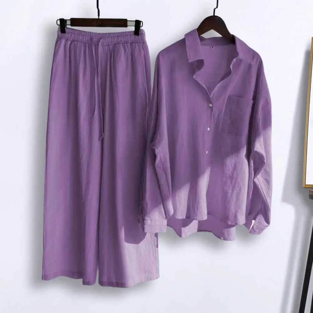 2 PcsSet Women Tops Pants Set Blouse Trousers Suit Skintouch Long Sleeves Cardigan Solid Color Wide Leg Daily Clothes 241212