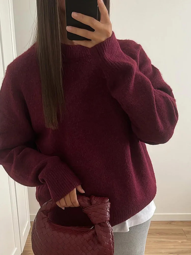 Casual Brown Oneck Knitted Cashmere Floral Womens Fashion Full Sleeve Loose Jumper 2024 Autumn Street Coat 241211