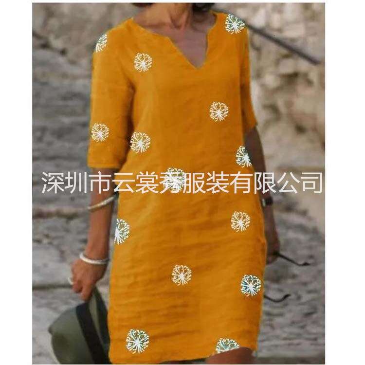 2020 summer print loose washed cotton floral short sleeved women's artistic round neck five quarter sleeve 2024 new casual versatile fashion clot