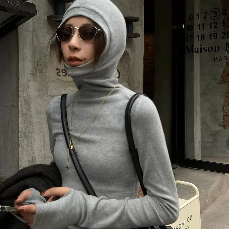 Solid long sleeved hooded womens autumn and winter ultrathin slim fit turtle neck zipper top 241211