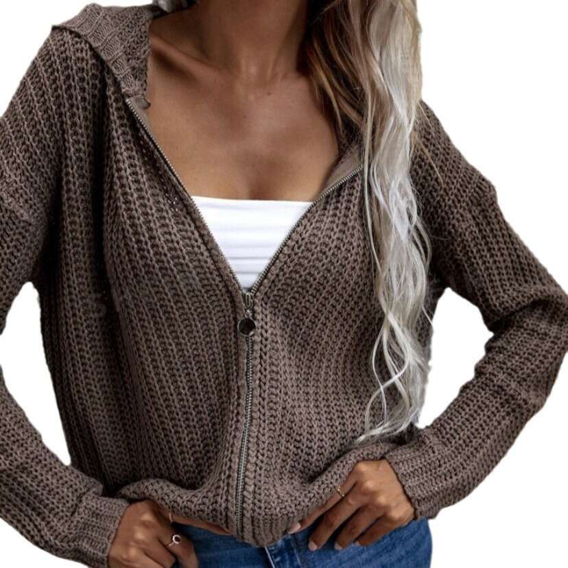 New European American Clothing For Foreign Trade, Women's Autumn And Winter Hooded Cardigan, Knitted Waffle Hoodie Top