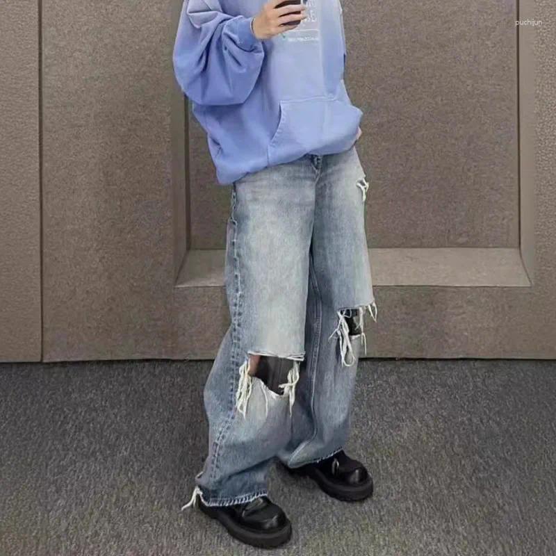 2025 S Fashion Designer Men S Jeans PFNW High Street Korean Trendy Washed Knee Cutting Hole Distressed Straight For Men Loose Denim Pants W