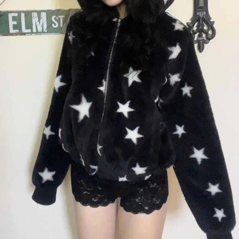 Y2K retro star shaped warm plush hooded jacket with unique loose fit suitable for womens warm and comfortable hooded sweatshirt 241214