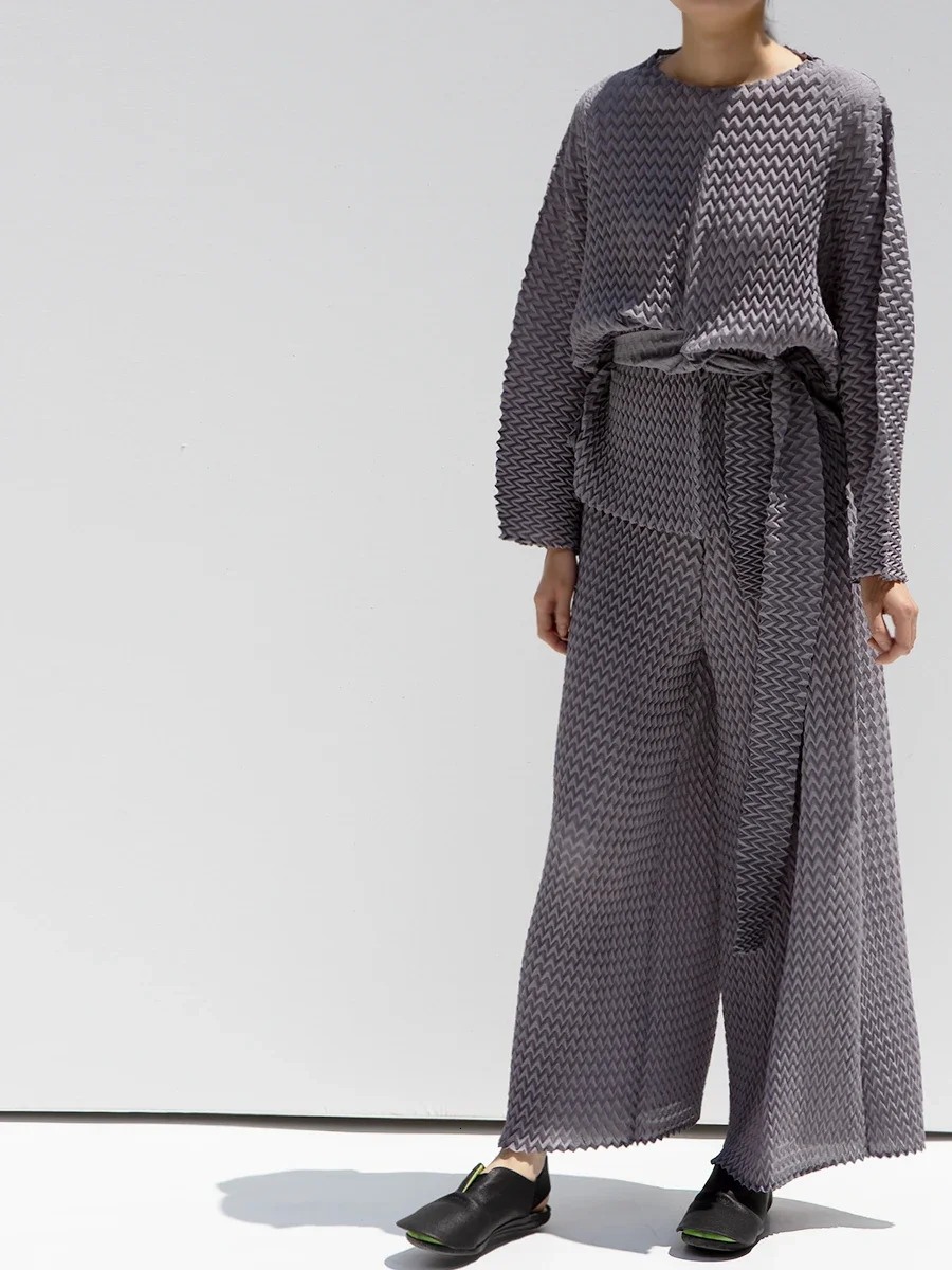 Pleats Pleated Trousers Set Autumn Solid Color Baggy Large Size Skinny Long Blouse Suit Two Set 241121