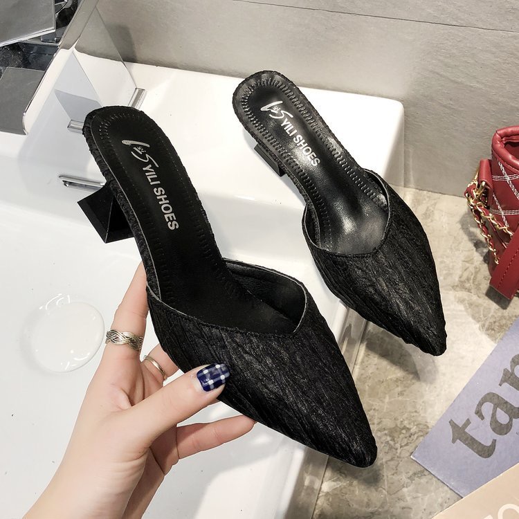 2025 new Pleated Summer mules shoes woman pure elegant dress pumps korean strange high heels slippers women closed toe sandals satin