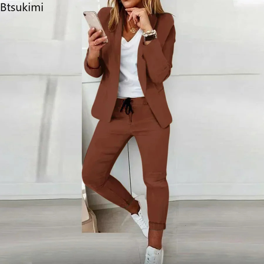 2025 Womens Two Piece Office Set Ultra Thin Jacket and Pants with Pocket Collar 2PCS Tracksuit 241212