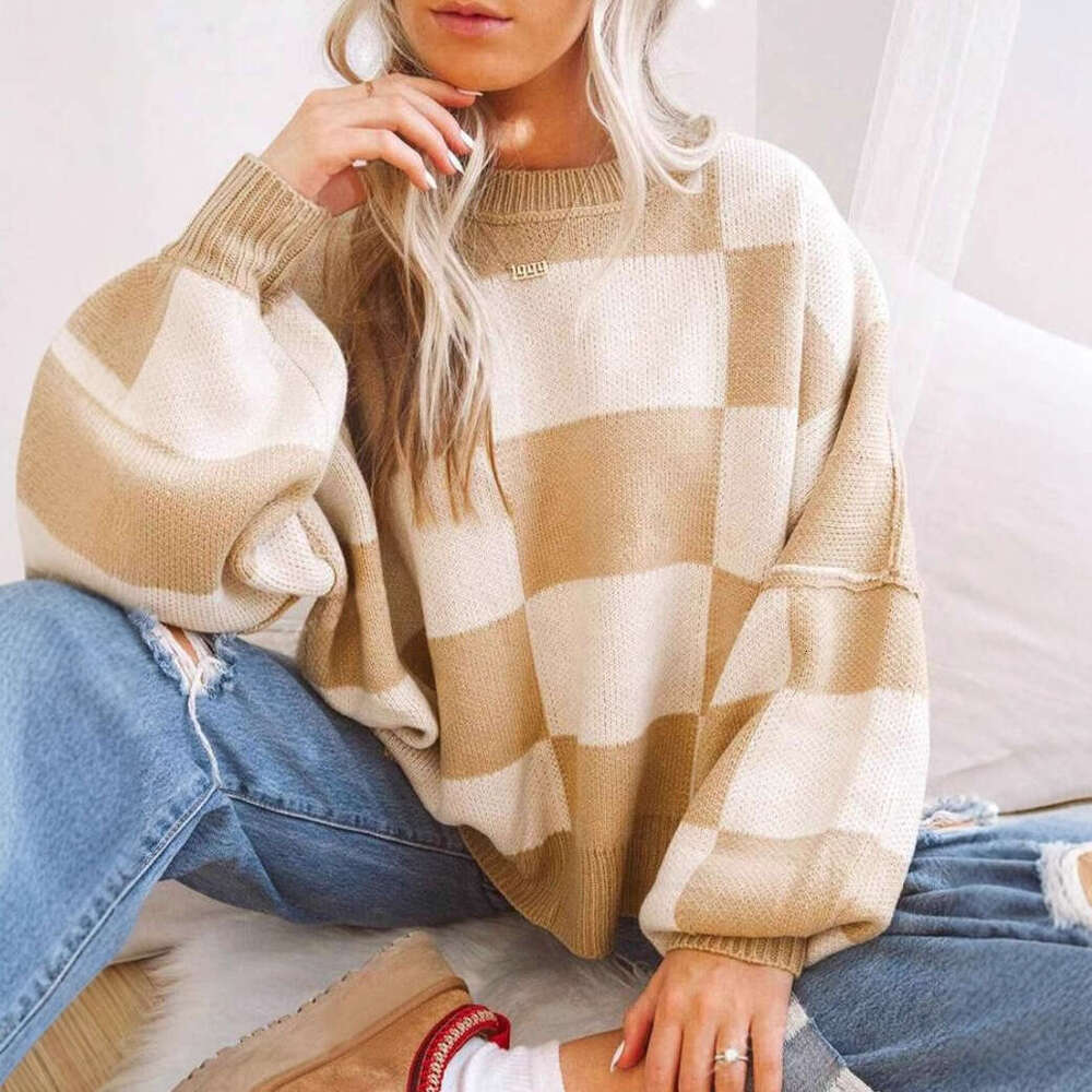 New Autumn Clothes Women's Knitted With Grid Elements Round Neck Loose Sweater From Europe And America