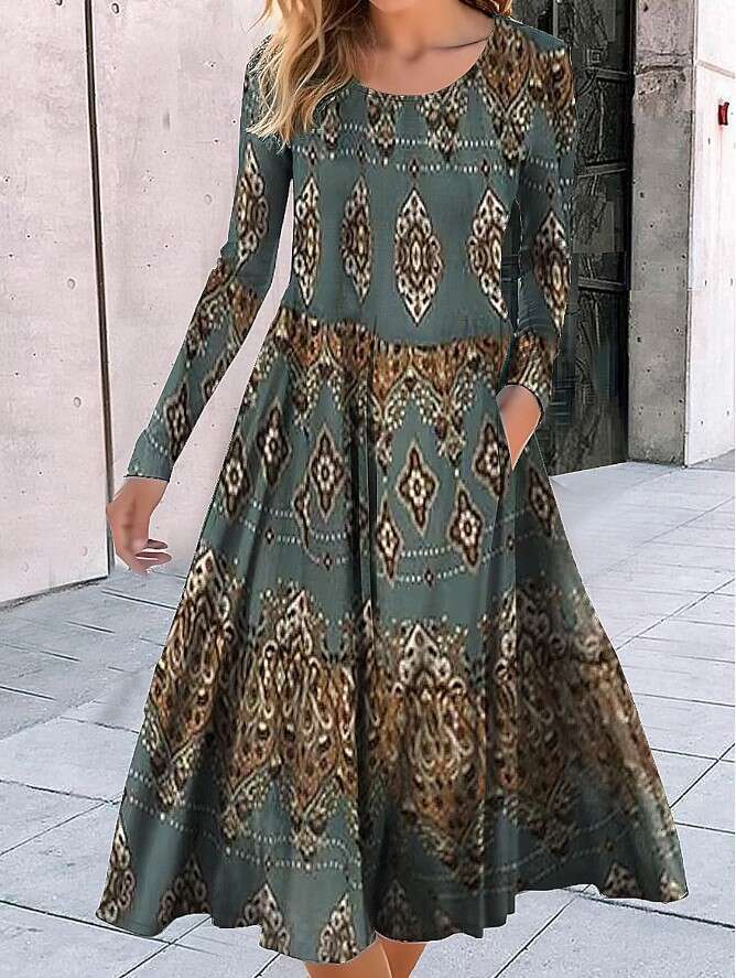 Summer European and American Round Neck Long Sleeve Loose Geometric Pattern Printed Large Pendant Dress 2024 Versatile New Trendy Clothing Ins