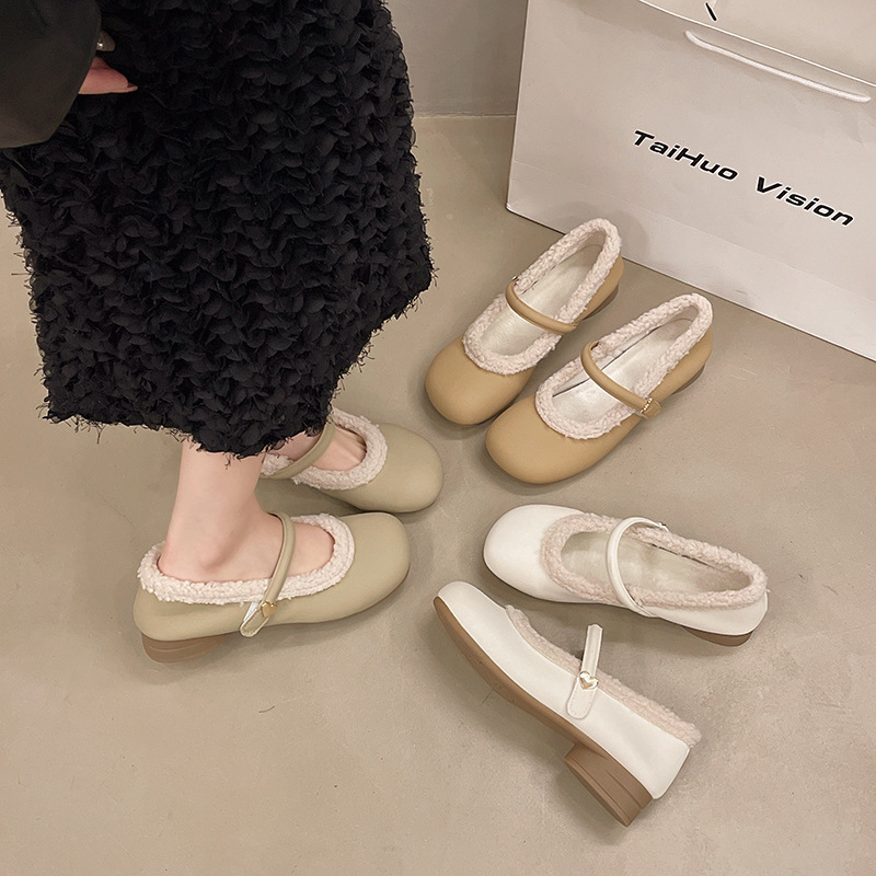 Wholesale low sole velvet Mary Jane shoes, thickened seasonal shoes, square toe single shoes, hairy autumn and winter women's Velcro for warmth