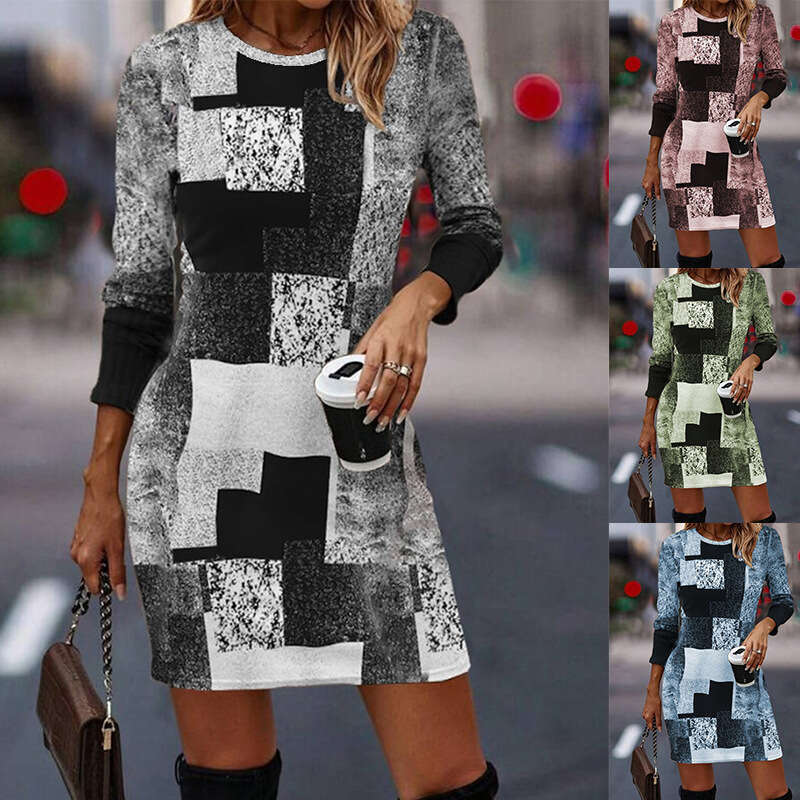 European American Spring and Autumn Geometric Printed Round Neck Long Sleeve Dress 2024 New Casual Versatile Fashion Clothing