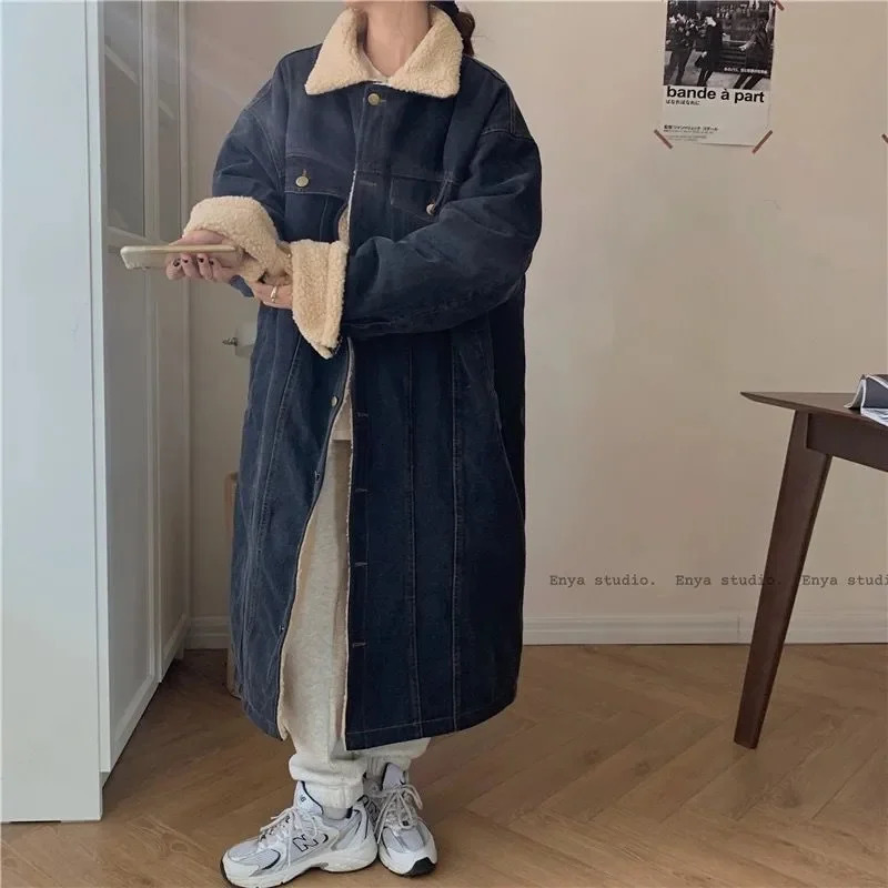 Winter cashmere denim coat womens medium to long Korean version loose and fashionable commuting show thin thick warm cotton 241211